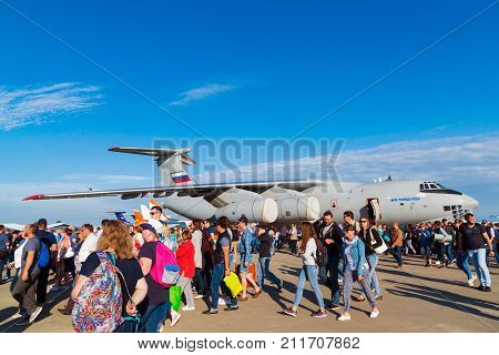 Zhukovsky, Russia - July 24. 2017. The people against the background of an airplane il-76md 90a at the international aerospace show MAKS 2017