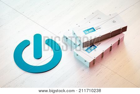 Li-Ion electric vehicle battery start concept. Start button symbol with EV batteries on wooden desk. 3d rendering.