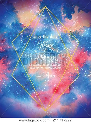 Greeting card for wedding day with space watercolor background. Art of watercolor stains of paint on watercolor paper. Grunge abstract vector background