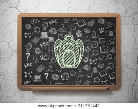 Learning concept: Chalk Green Backpack icon on School board background with  Hand Drawn Education Icons, 3D Rendering