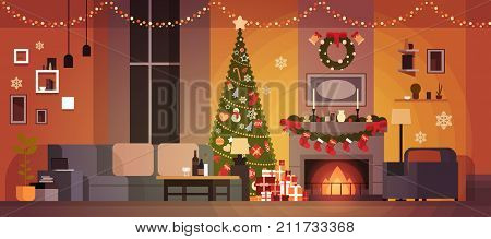 Living Room Decorated For Christmas And New Year With Fir Tree , Fireplace And Garlands Holidays Home Interior Flat Vector Illustration