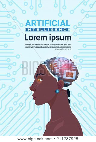 Female African American Head With Modern Cyborg Brain Over Circuit Motherboard Background Vertical Banner Artificial Intelligence Concept Vector Illustration