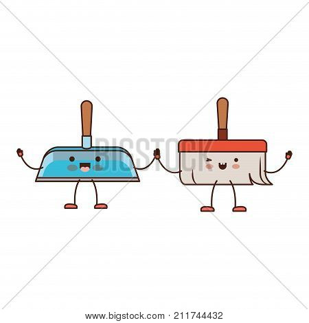 kawaii cartoon hand broom and hand dustpan holding hands in colorful silhouette vector illustration