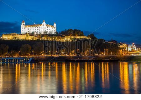 Bratislava castle night and Danune river. Slovakia . Bratislava