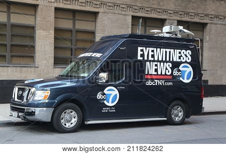 NEW YORK - OCTOBER 31, 2017: WABC Channel 7 Eyewitness news van near terror attack crime scene in lower Manhattan in New York.