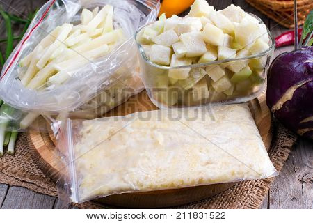 Frozen vegetables in the bag. Frozen kohlrabi