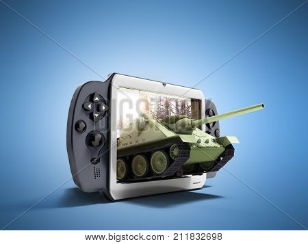 Concept Of Tank Games The Tank Leaves The Screen Of The Gamepad 3D Render On Blue