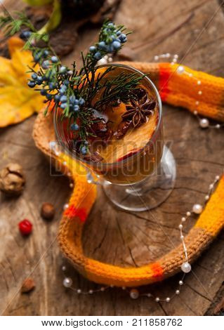 Hot Drink With Honey And Spices On Wooden Background Concept Of Seasonal Postcard