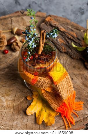 Hot Drink With Honey And Spices On Wooden Background Concept Of Seasonal Postcard