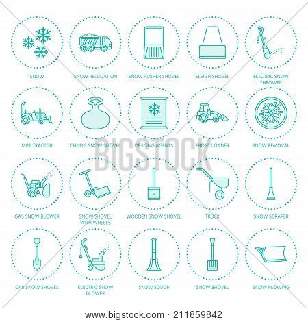 Snow removal flat line icons. Ice relocation service signs. Cold weather equipment - snow thrower, blower, truck, front loader, snow shovel. Vector illustration, industrial cleaning symbols.