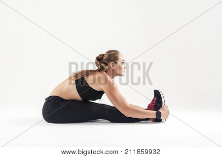 Side View Blonde Woman, Doing Aerobic Exercising.