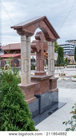 Brasov Romania October 06 2017 : A large cross in the courtyard of Orthodox Church of the Holy Emperors Constantine and Helena on Alexandru Odobescu Street in the Brasov city in Romania
