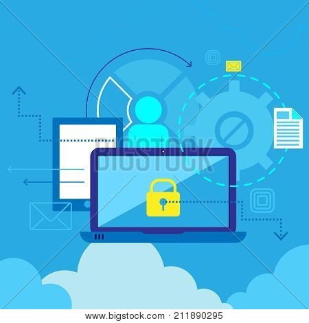 Computer communications safety and private data protection. Flat composition , poster with antivirus . Software symbol. Abstract vector illustration.
