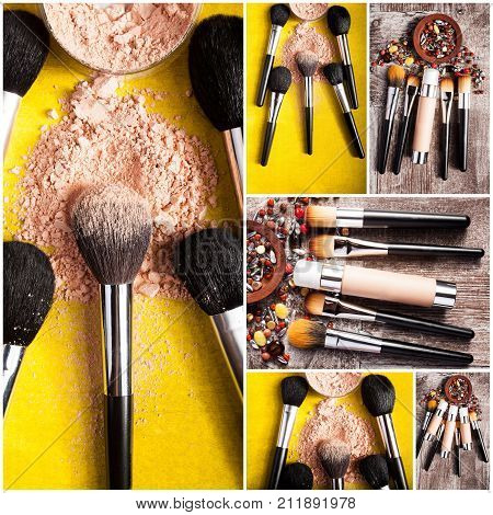 Collage of make up brushes and cosmetic beauty powder on yellow paper and wooden background