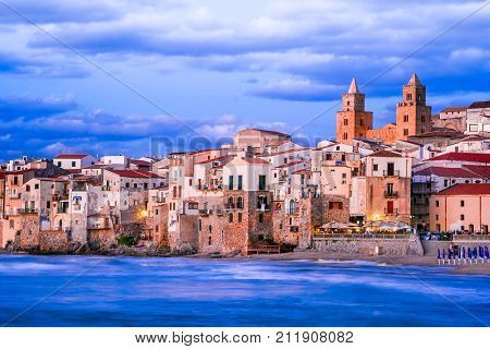 Cefalu Sicily. Ligurian Sea and medieval sicilian city Cefalu. Province of Palermo Italy.