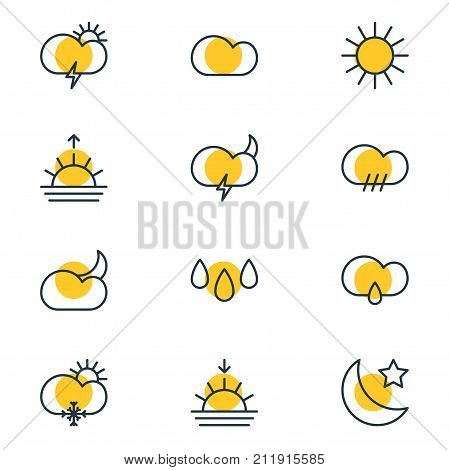 Editable Pack Of Sunny, Windstorm, Rainy And Other Elements.  Vector Illustration Of 12 Sky Icons.