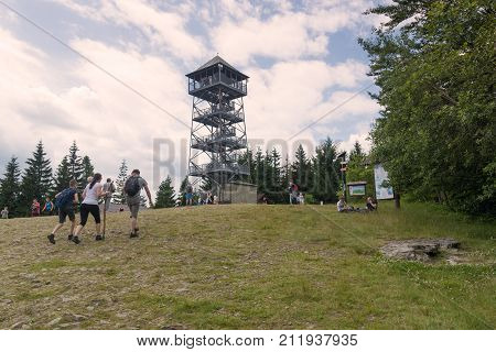 6 of July, 2017, Editorial photo of top of hill Czantoryja with observation tower, Beskydy, Czech Republic, Poland, PL