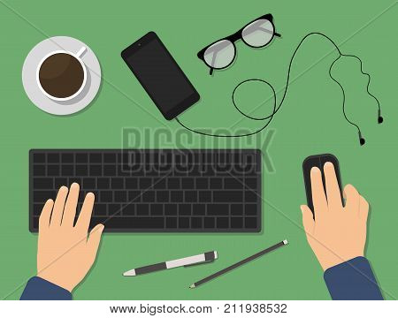 Man working at the computer. Top view of flat vector design illustration of modern business desk, workspace. Workspace concepts for education, management, strategy, digital marketing, finance