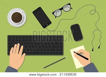 Top view of flat vector design illustration of modern business desk, workspace. Workspace concepts for education, management, strategy, digital marketing, finance, social network, business