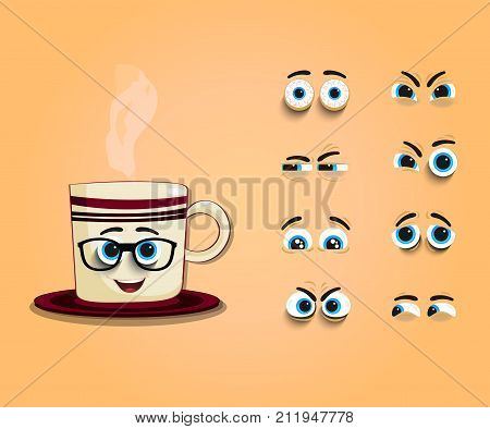 Cute cartoon steaming cup with set of eyes for creating character with different face expressions. Vector illustration icon clip art.