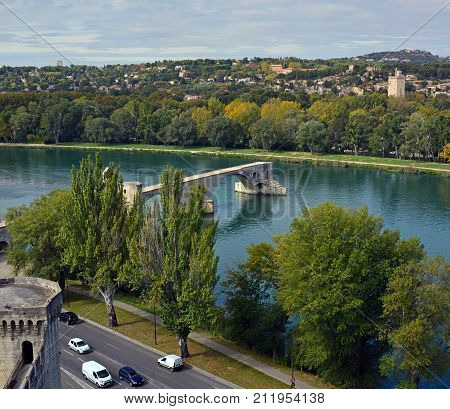 Avignon Bridge Town & Rhone River Panorama Provence France