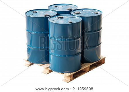 Four chemical drum in pallet wood isolated on white background Oil drum Clipping path
