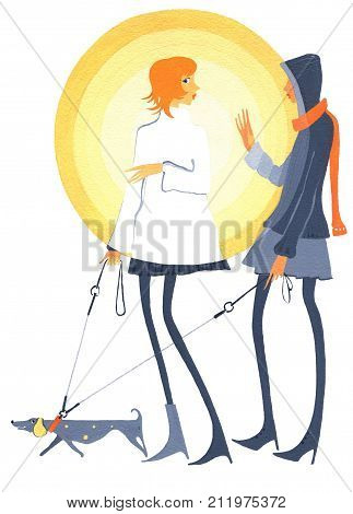 Two girls with a dog talking on a background of glowing circles on a white background