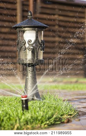 A rotating sprinkler spraying a water into the backyard.
