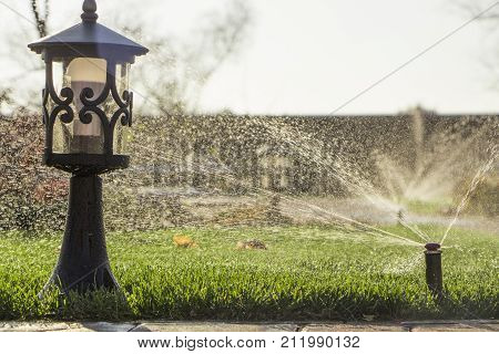 A rotating sprinkler spraying a water into the backyard.