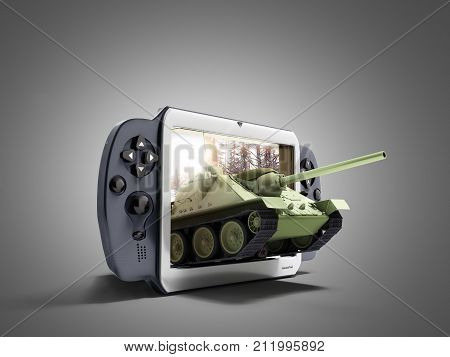 Concept Of Tank Games The Tank Leaves The Screen Of The Gamepad 3D Render On Grey
