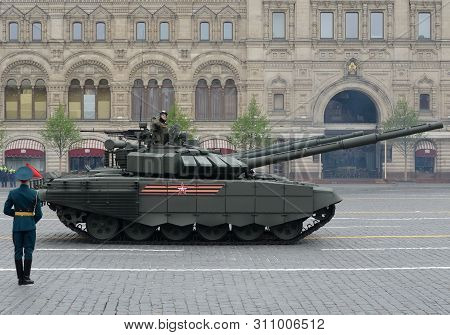 Moscow, Russia - May 9, 2019: Russian Main Battle Tank T-72b3 At The Parade In Honor Of Victory Day 