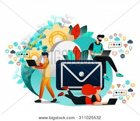 Vector Illustration Of Communication And Internet, Group Of People Who Communicating, Learning And W