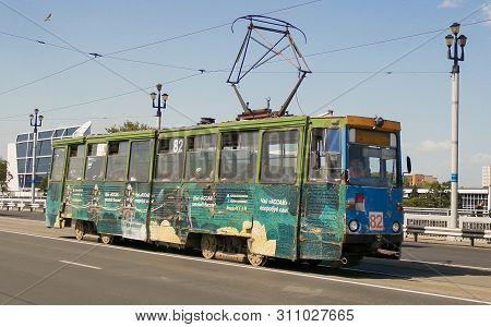 Kazakhstan, Ust-kamenogorsk, July 4, 2019: Old Soviet Tram Ktm 5 (71-605). Public Transport