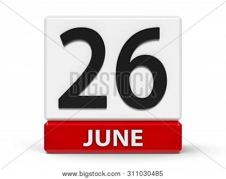 Red And White Calendar Icon From Cubes - The Twenty Sixth Of June - On A White Table - Day Against D