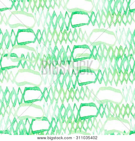 Green Snake Seamless Pattern. Watercolor Hand Drawn Python Print.  Cobra Skin Exotic Texture. Geomet