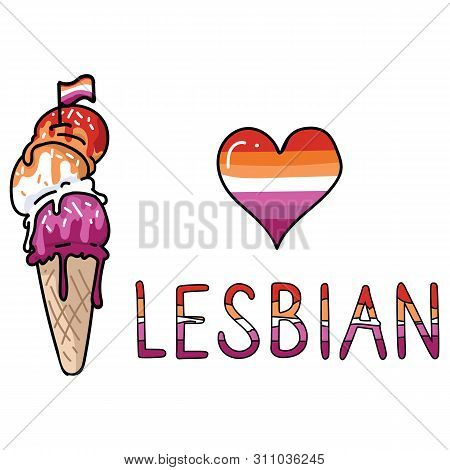 Cute Lesbian Ice Cream Cone Cartoon Vector Illustration Motif Set. Lgbtq Sweet Treat Elements For Pr
