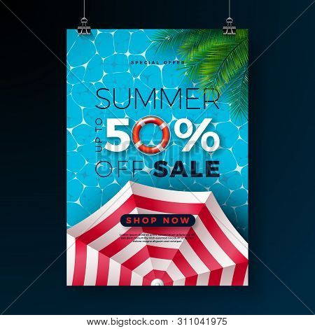 Summer Sale Poster Design Template With Float, Sunshade And Tropical Palm Leaves On Blue Pool Backgr