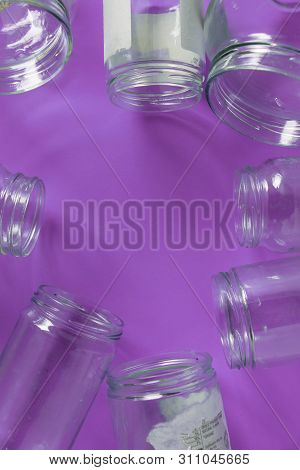 Isolated Glass Jars, No Lids Flat, Violet Purple Background, Copy Space Room