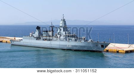 Piraeus, Greece - July 7: German Frigate Hessen Docked In Piraeus Port On July 7, 2019. Hessen Is Th