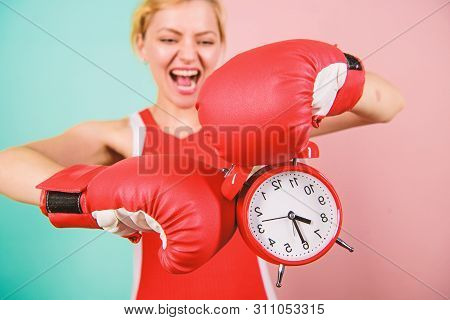 Improve Yourself. Overcome Harmful Habits. Time For Training. Get Used To Personal Regime. Girl Athl