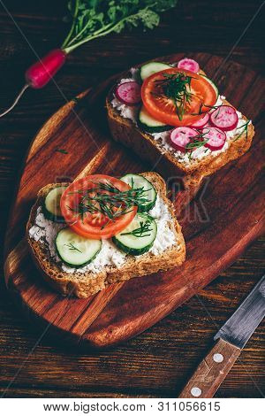 Two Vegetarian Sandwiches With Fresh Sliced Tomatoes, Cucumber And Radish
