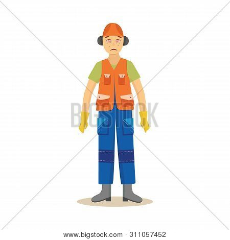 Male Construction Worker Stands With Redness And Lacrimation Eyes Cartoon Style