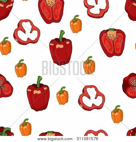 Seamless Pattern With Bell Peppers And Bell Pepper Slices. Endless Pattern With Red And Yellow Sweet