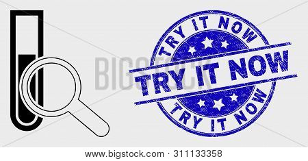 Vector Line Explore Test-tube Icon And Try It Now Seal Stamp. Blue Rounded Grunge Seal Stamp With Tr