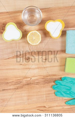 Accessories And Nontoxic Detergents For Cleaning Home, Concept Of Household Duties, Place For Inscri