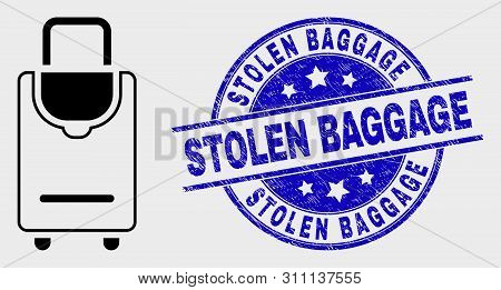 Vector Contour Voyage Luggage Pictogram And Stolen Baggage Seal. Blue Round Textured Seal Stamp With