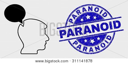 Vector Linear Head Thinking Cloud Icon And Paranoid Seal Stamp. Blue Round Grunge Stamp With Paranoi