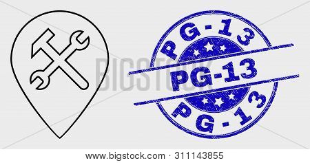 Vector Contour Service Map Pointer Icon And Pg-13 Seal. Blue Round Grunge Seal With Pg-13 Message. B