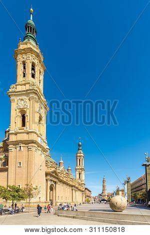 Zaragoza,spain - May 11,2019 - View At The Bell Tower Of Basilica Of Our Lady Of The Pillar In Zarag