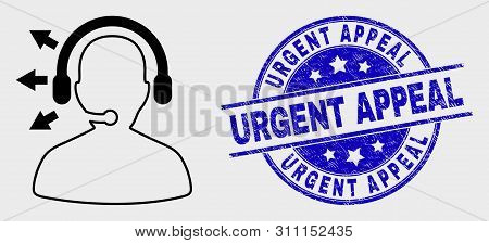 Vector Line Radio Operator Pictogram And Urgent Appeal Seal Stamp. Blue Rounded Textured Seal With U